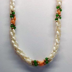 Vintage Fresh Water Pearls, Coral & Jade Triple Twisted Hawaiian Necklace
